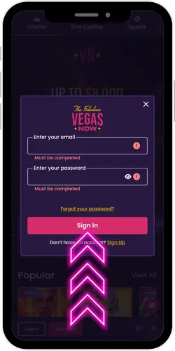 VegasNow Casino sign in details