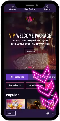 VegasNow app menu navigation